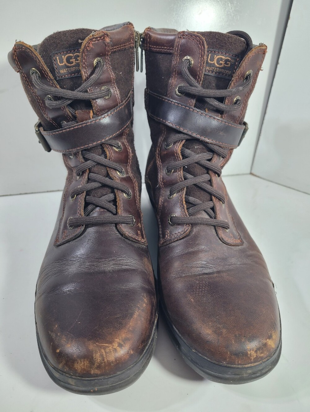 UGG Kesey Boots Womens Size 9 Brown Leather Waterproof Wool Lined Combat Lace Up
